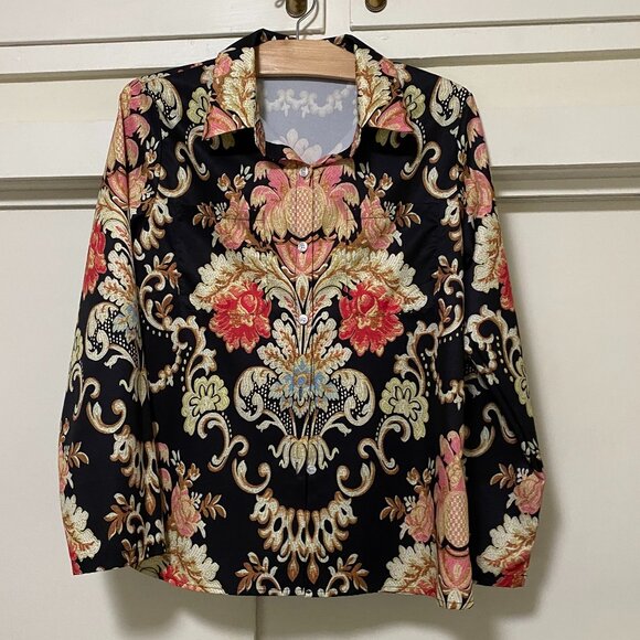 Long sleeve black button-down blouse w/autumn colors, size M - Picture 1 of 10